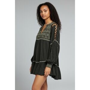 $148 Free People Much Love Tunic / Mini Dress Embroidered Cutout Back Black Sz S